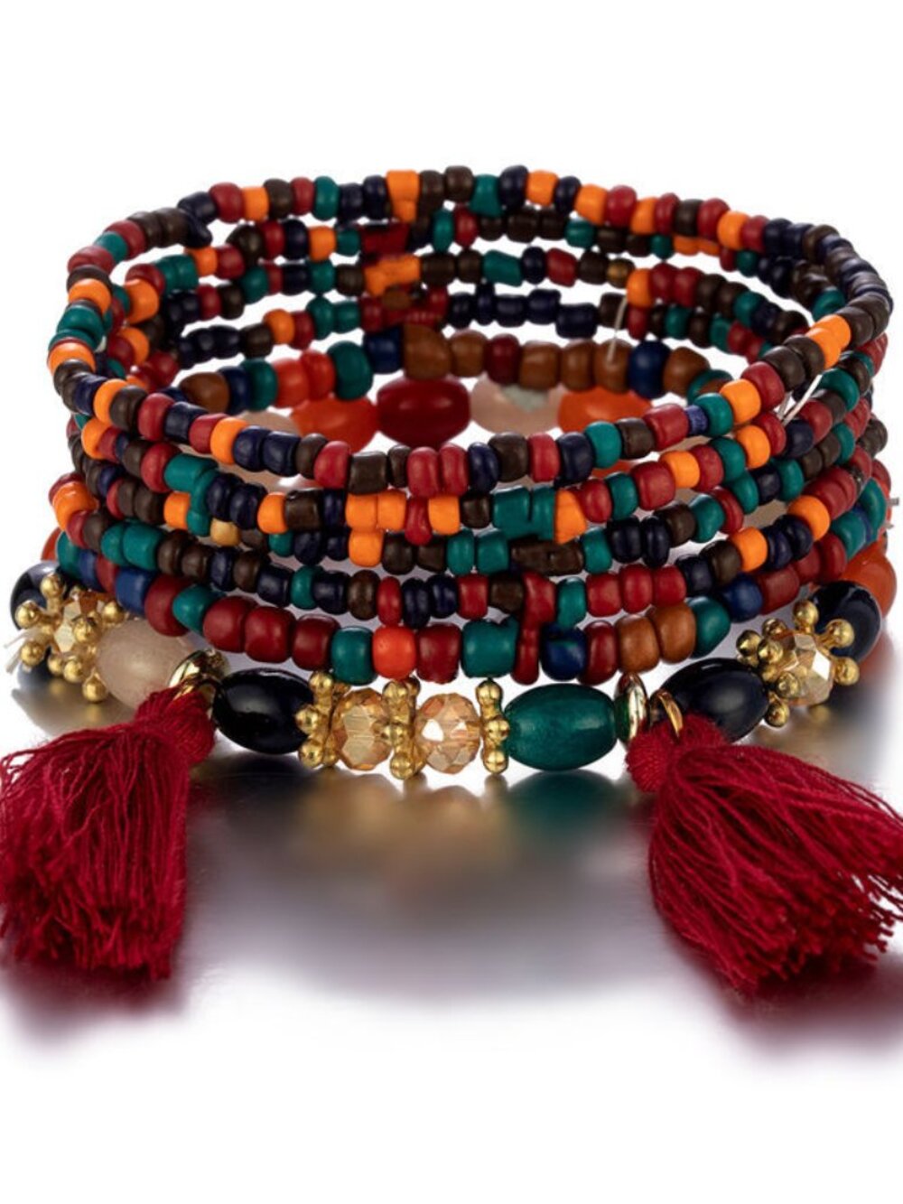 Boho Beaded Tassel Stretch Bracelet Set Multicolor Layered Stack Bracelet - Picture 3 of 8